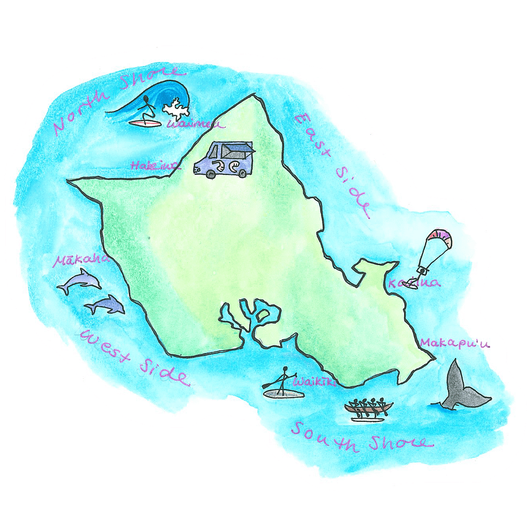 Oahu-Map-Local Getaways-illustration by Audrey Towle